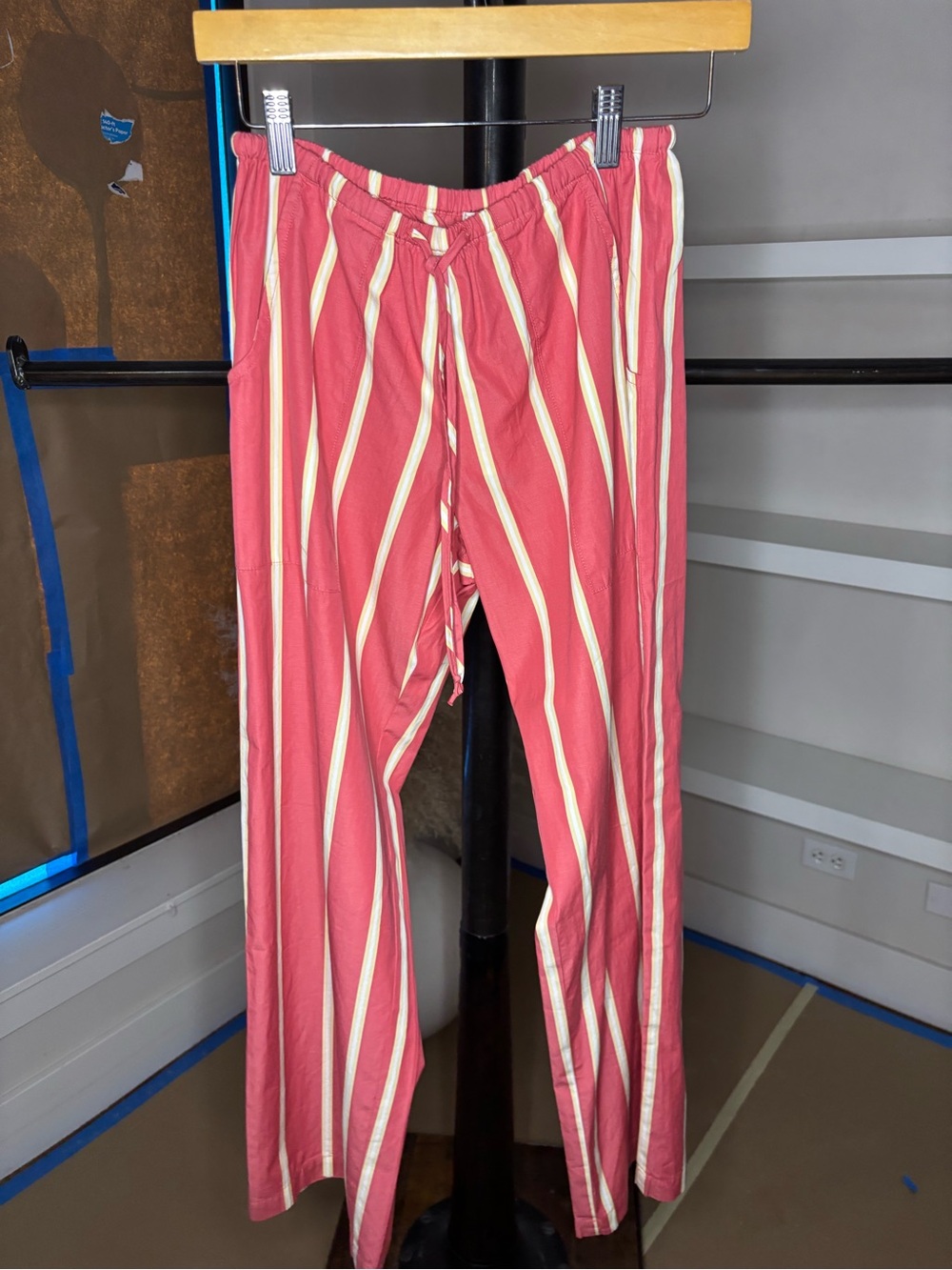 DONNI. Pop Stripe Pant -Red Striped Drawstring Pants with Cream & Yellow Accents